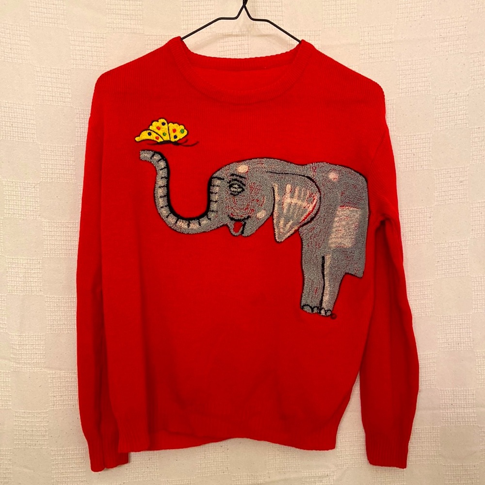 Red sweater with tufted and embroidered designs, size small